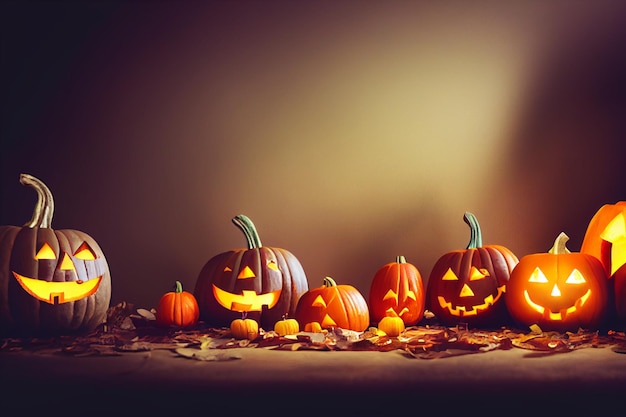 Orange lantern pumpkins with faces Halloween holiday Pumpkins on the floor in foliage glowing