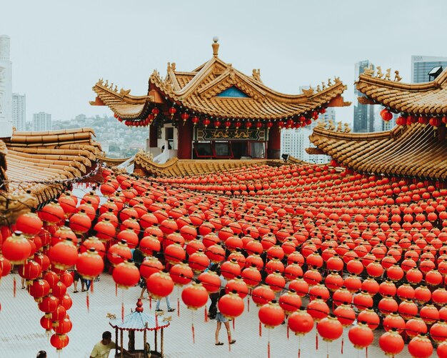 Orange lanterns hanging by temples