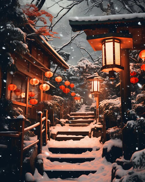 Photo orange lanterns on snow