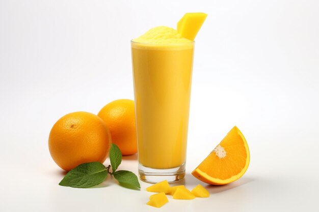 An orange lassi fresh smoothie with orange fruit is isolated on white background in a studio shot