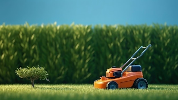 Orange lawn mower with green grass and sky Summer lawn backyard background Generative AI