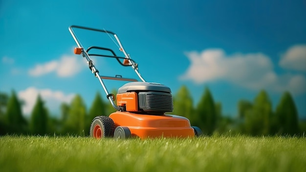 Orange lawn mower with green grass and sky Summer lawn backyard background Generative AI