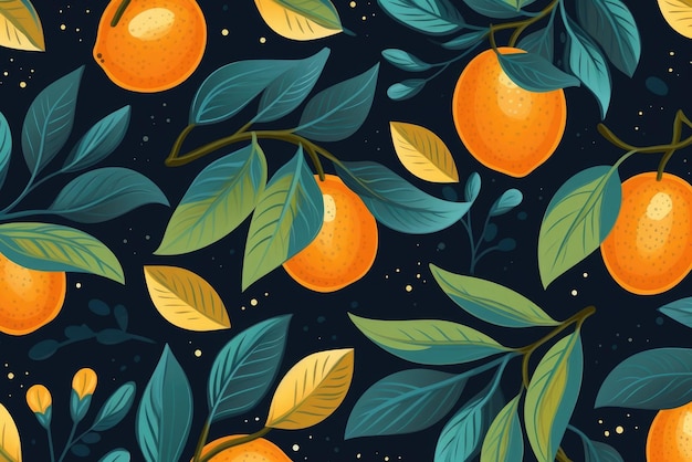 Orange and leaf pattern on blue background premium