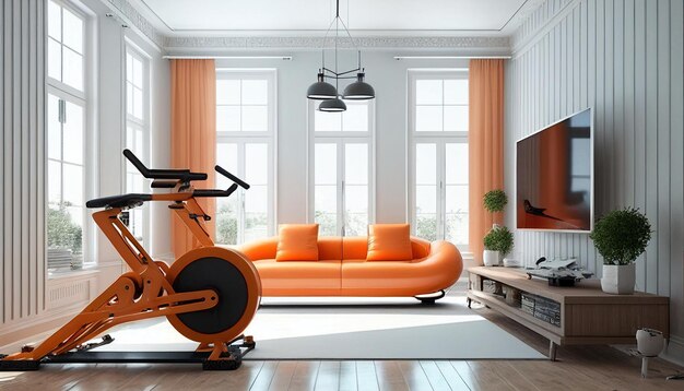 Фото Оранжевый кожаный диван и тренажеры на белой стене в гостиной generative ai