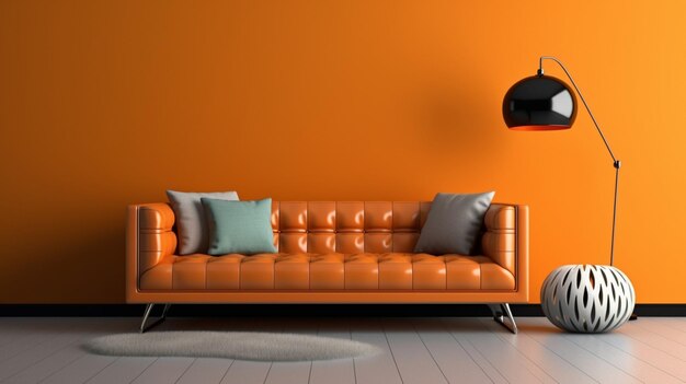 Оранжевый кожаный диван и минимальный декор на двухцветной стене