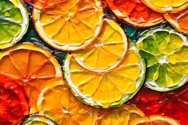 写真 オレンジ色のレモンとライムのスライスがクローズアップで表示されています