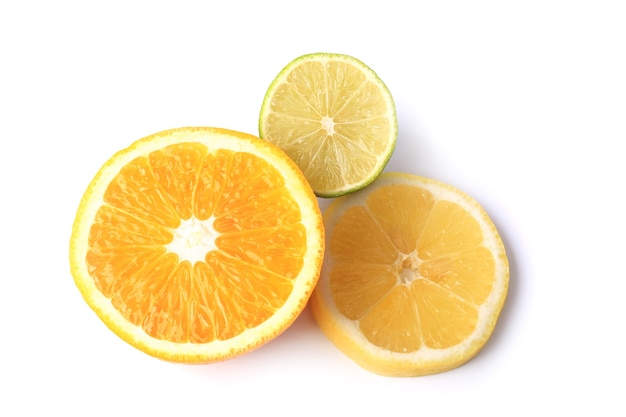 Orange lemon lime isolated on white background