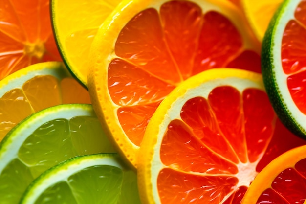 Orange lemon and lime slices are shown in a close up