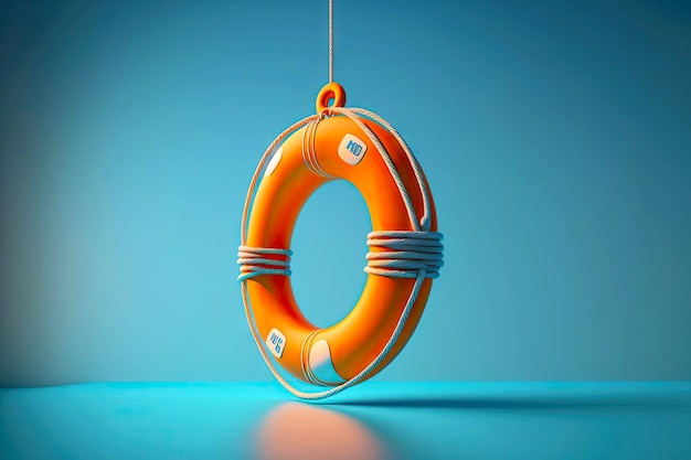 Orange life buoy tied with ropes hanging over water