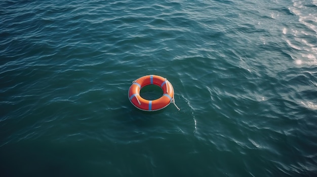 青い海の水上のオレンジ色の救命浮輪 溺れている人の水上救助の安全