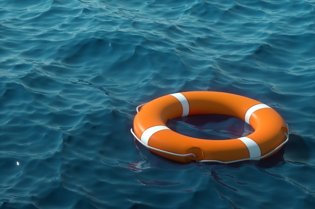 Orange Lifebuoy on the water. The concept of help, rescue, drowning, storm. Copy space. 3D illustration, 3D rendering.