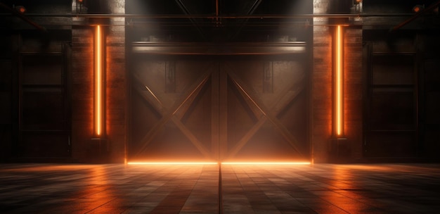 Photo an orange light shining at a wooden door in a warehouse