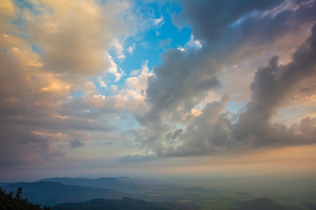 Orange light of the sunset over the mountain