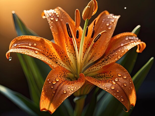 Orange lily with waterdrops in the garden at sunset light closeup
