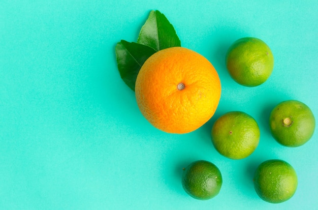 Orange and lime fruit with green leaves on green background