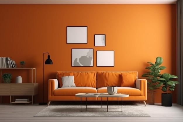 Orange living room with a couch and a coffee table.