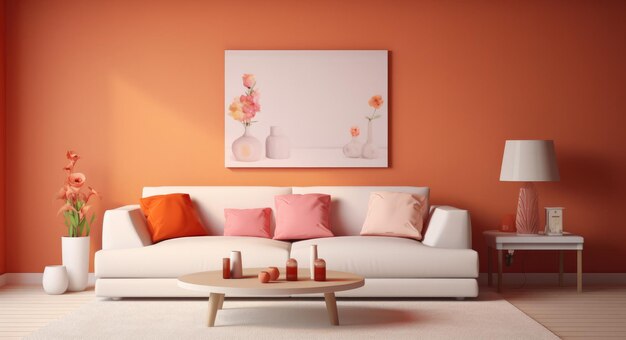 Orange living room with a white couch in the style of dark red and light pink