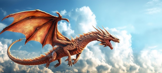 An orange longtailed dragon flying in a blue sky with clouds a mythical animal for fairy tales computer games and covers Copy space banner