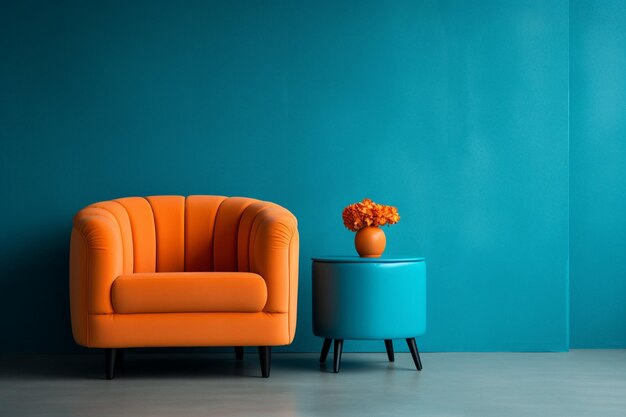 Orange loveseat sofa and barrel chair against of blue yellow wall mid century interior design