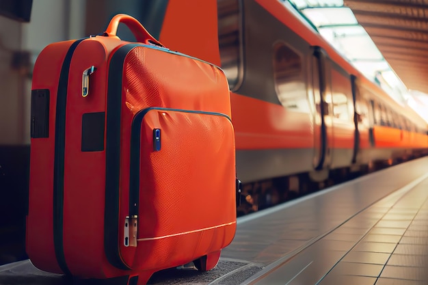 Orange luggage at a railway station in front of a train made with Generative AI