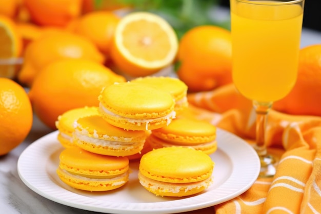 Orange macarons on a plate surrounded by orange slices