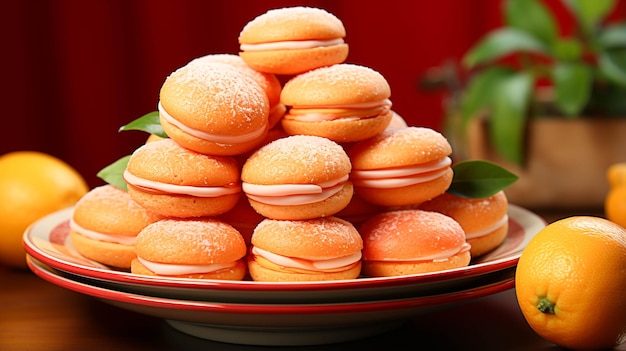 Orange macaroons in a plate on red background