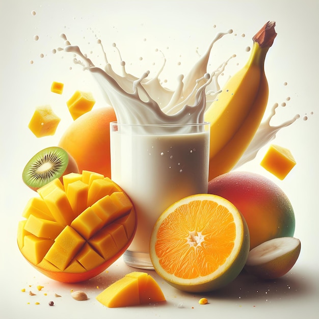 orange mango banana with milk splash in glass isolated on white background