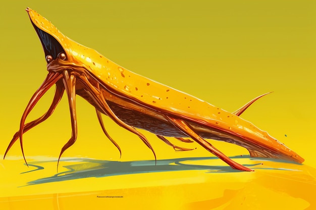 An orange mantis on a yellow background