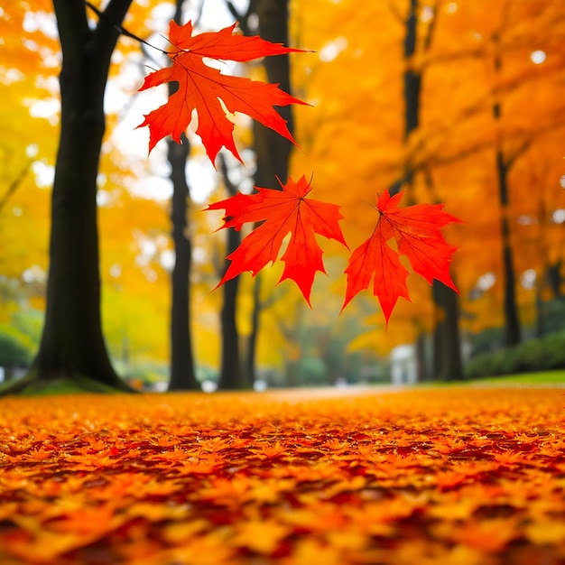 Orange maple leaves on the ground with a bokeh effect defocused background generated by ai