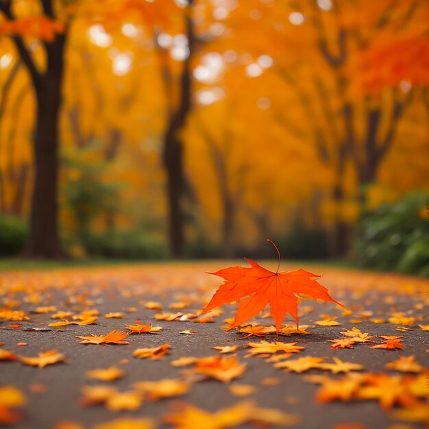 Orange maple leaves on the ground with a bokeh effect defocused background generated by ai