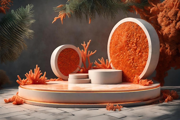 Orange marble stone podium with orange corals and mineral decorations