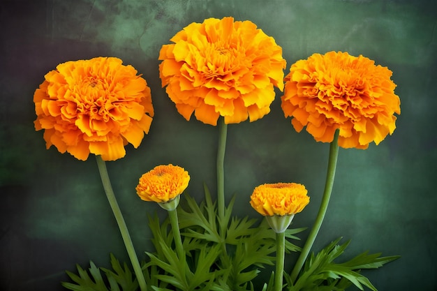 Orange marigold flowers on a dark green background with copy space