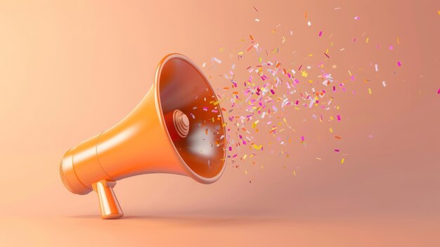 Orange megaphone with shiny confetti on a orange background 3d illustration