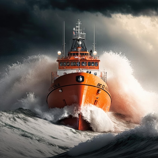 Orange Merchant Ship Battling Fierce Storm in the Open Sea