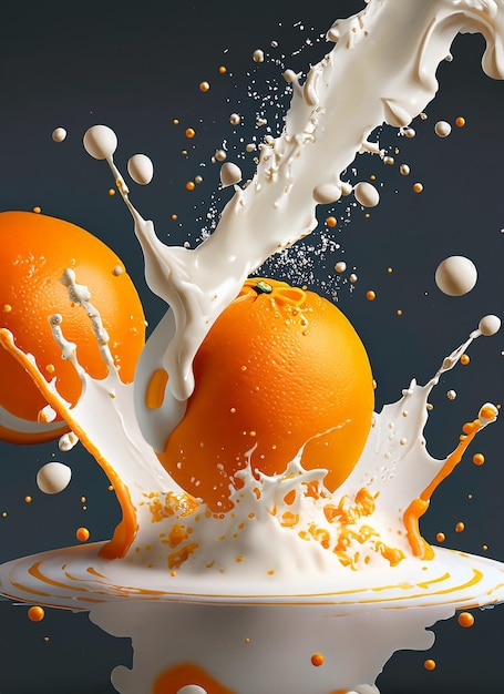 Orange and milk poster several oranges splashes of milk