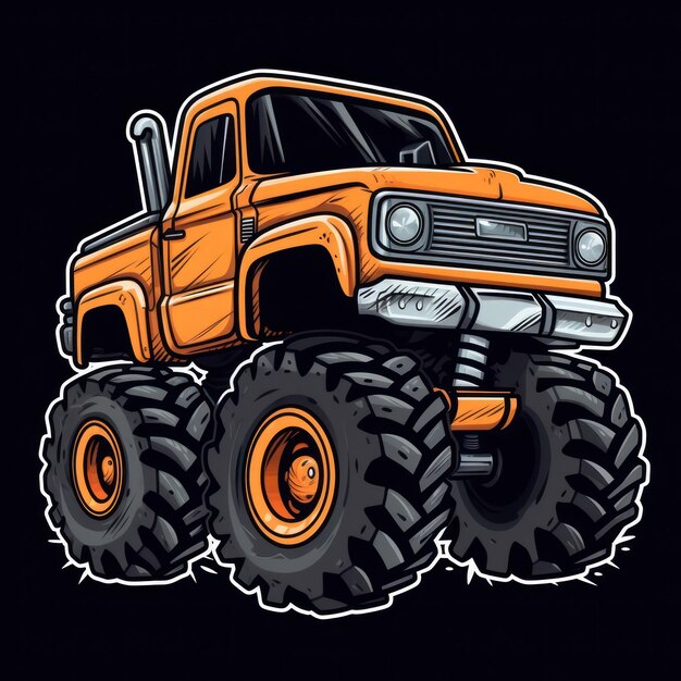 Orange Monster Truck Sticker Graphic with White Border and Black Outline