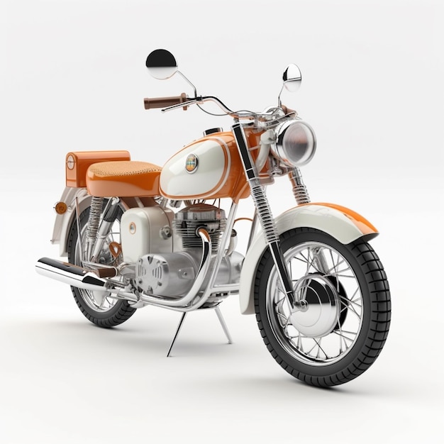 An orange motorcycle is parked in front of a white background.