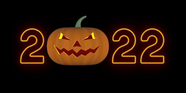 Photo orange neon 2022 and pumpkin on dark background 3d illustration