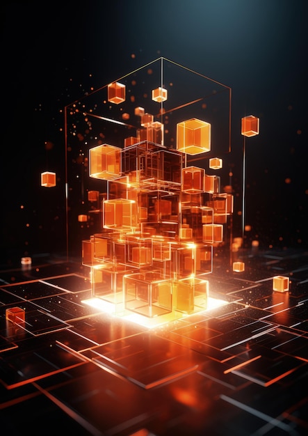 Orange neon small digital cube element technology Generative AI