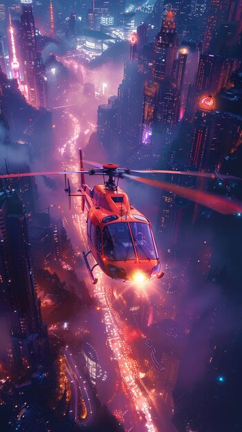 Photo an orange neonlit helicopter soaring over wallpaper