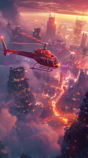 Photo an orange neonlit helicopter soaring over wallpaper