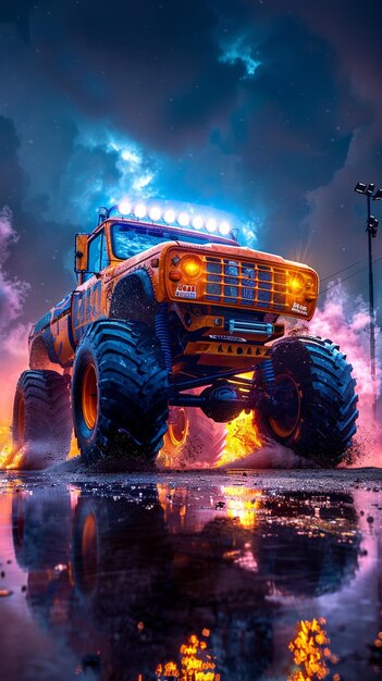 Photo an orange neonlit monster truck performing wallpaper