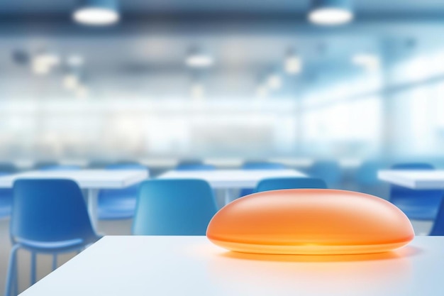 Photo an orange object on a table in a room with blue chairs