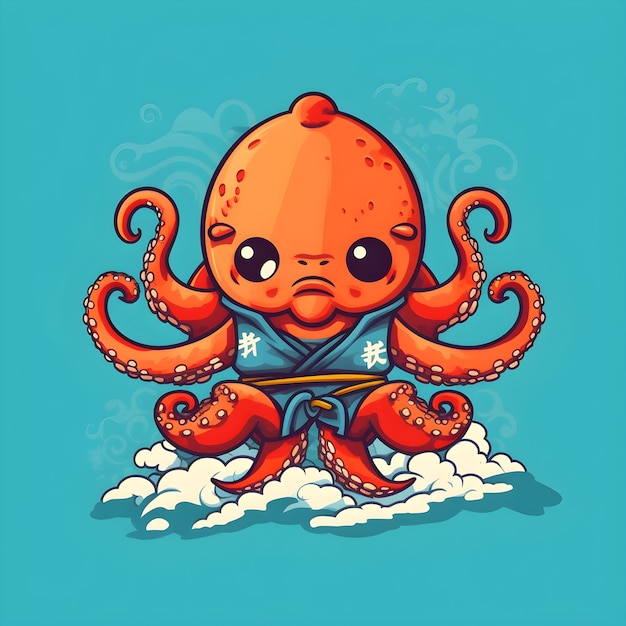 An orange octopus in a blue kimono with the word octopus on it.