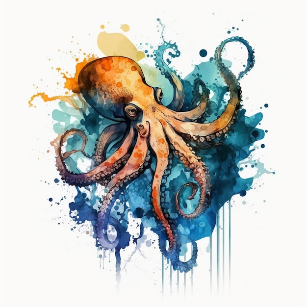 An orange octopus with a blue background and the word octopus on it.