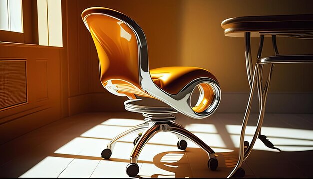 An orange office chair on casters in an office in the style of yellow and silver