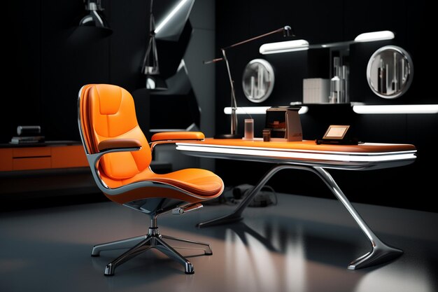 Foto an orange office chair with a white desk and a computer on it