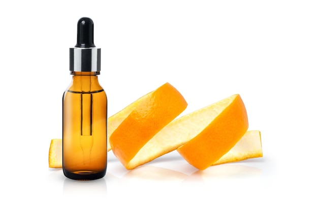 Orange oil and orange fruit on white background