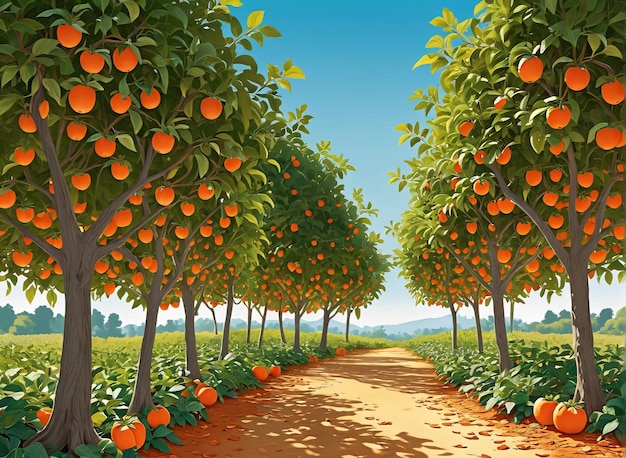 오렌지 와 나무 가 있는 오렌지 과수원