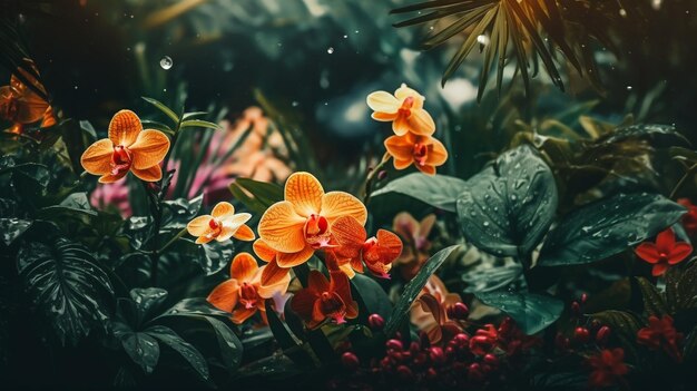 An orange orchid in a garden with a green background and a dark background with a drop of rain